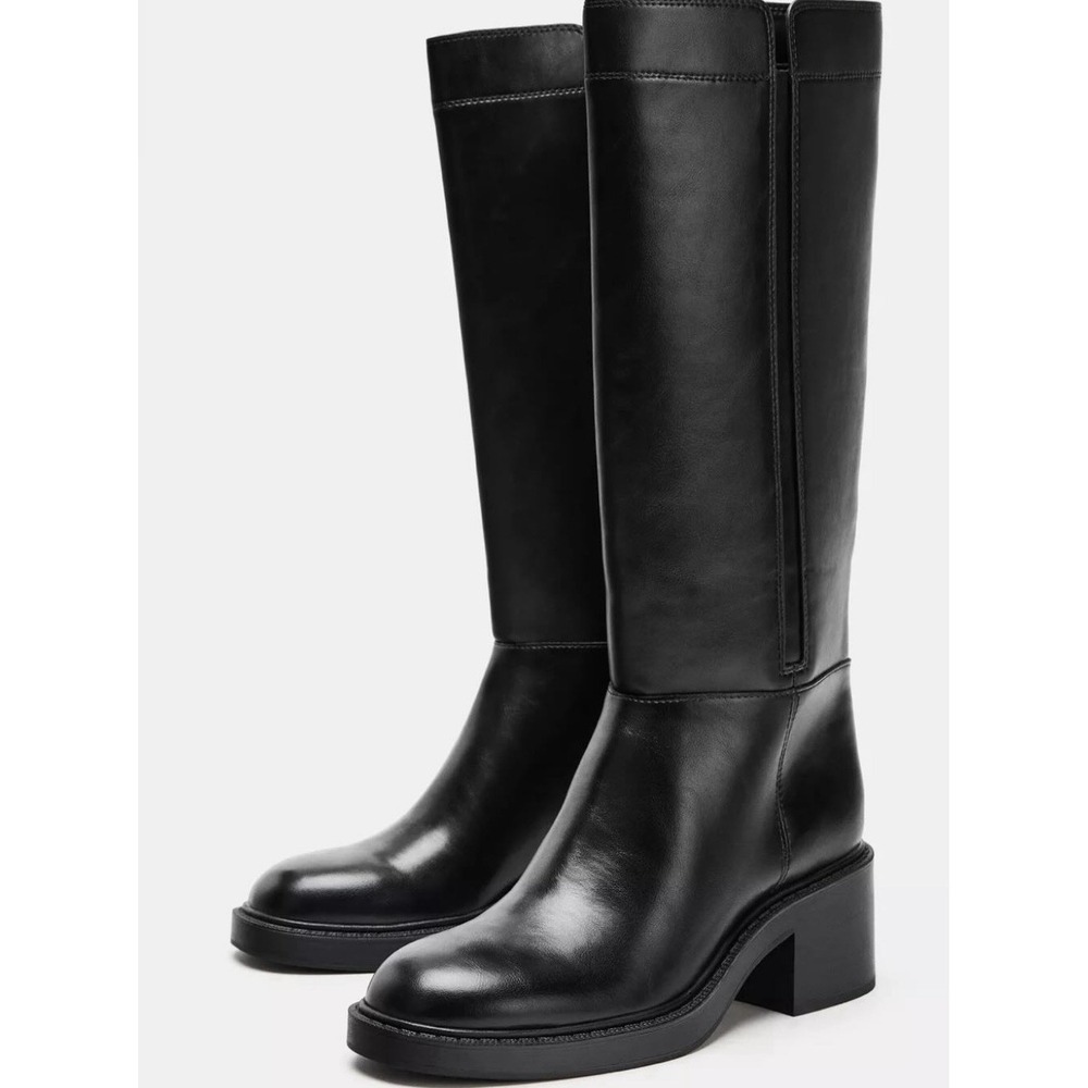 Zara $139‎ Faux Leather Black Boots Chunky Block Low Rubber Heel Hunting Moto